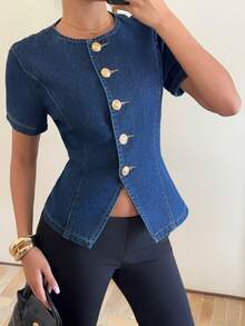 Siren Gaze 女士前扣短袖牛仔夹克 - 深色水洗藍 - 查看 1