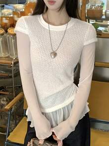 DAZY 女士圆领长袖荷叶边下摆二合一T恤 - 灰色 - 查看 3