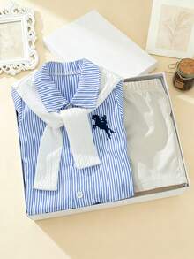 Souflis Souflis Set de 3 piezas de camisa de manga corta a rayas con cuello chal y pantalones cortos de cintura elástica para niño pequeño, versátil y cómodo, adecuado para ir a la escuela, casual, vacaciones, bodas y otras ocasiones, tallas de 6 meses a 3 años, ropa para niños, ropa para bebés, camisa para niños pequeños, pantalones cortos para niños pequeños - Multicolor - Ver 9