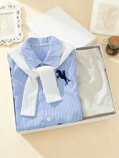 Souflis Souflis 3 st/set babypojke casual mångsidig bekväm sjalkrage randig kortärmad tröja och shorts med resår i midjan, lämplig för pendling, skola, casual, semester, bröllop och andra tillfällen, 6M-3T, barnkläder, spädbarnskläder, småbarnströja, småbarnsshorts