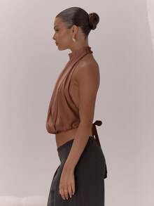 MUSERA 高领垂褶细节露背上衣，优雅性感，适合夜晚外出、度假、秋季、春夏等各种场合。 - 棕色 - 查看 4