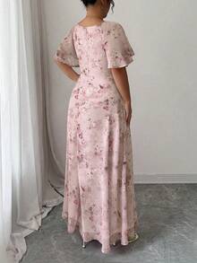 Modelyn 女士雪纺蝴蝶印花蝙蝠袖百褶甜美法式夏装