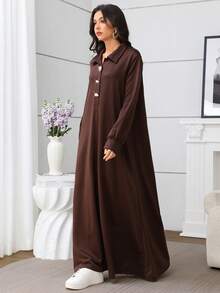 Seusyu Váy nữ thanh lịch màu trơn có cổ bẻ, khóa kim loại trang trí và viền xòe, tay dài - màu nâu - Xem 4