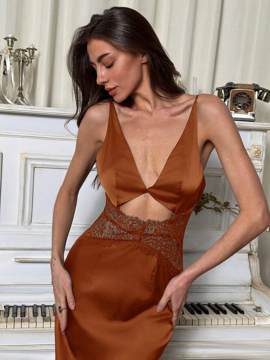 Aloruh Đầm dự tiệc thanh lịch, gợi cảm dành cho nữ, cổ chữ V sâu, hở lưng, khoét eo, phối ren. - màu nâu - Xem 1