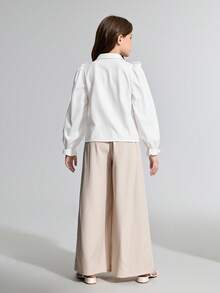 Ontre Tween Girl Woven White Ruffle Trim Long Sleeve Shirt And Pants Casual Outfit - Apricot - View 2