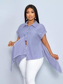 SOLERSUN 女士条纹印花纽扣衬衫，休闲优雅条纹印花系带前襟衬衫 - 寶藍色 - 查看 6