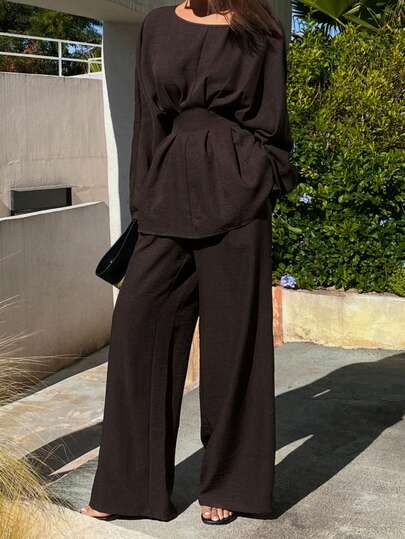 Livesso Elegant Women's 2-Piece Set, Loose Business Casual Fashion Street Style Ruffle Pleated Waist Office Wear Pullover Top And Straight Leg Pants, Suitable For Autumn And Spring