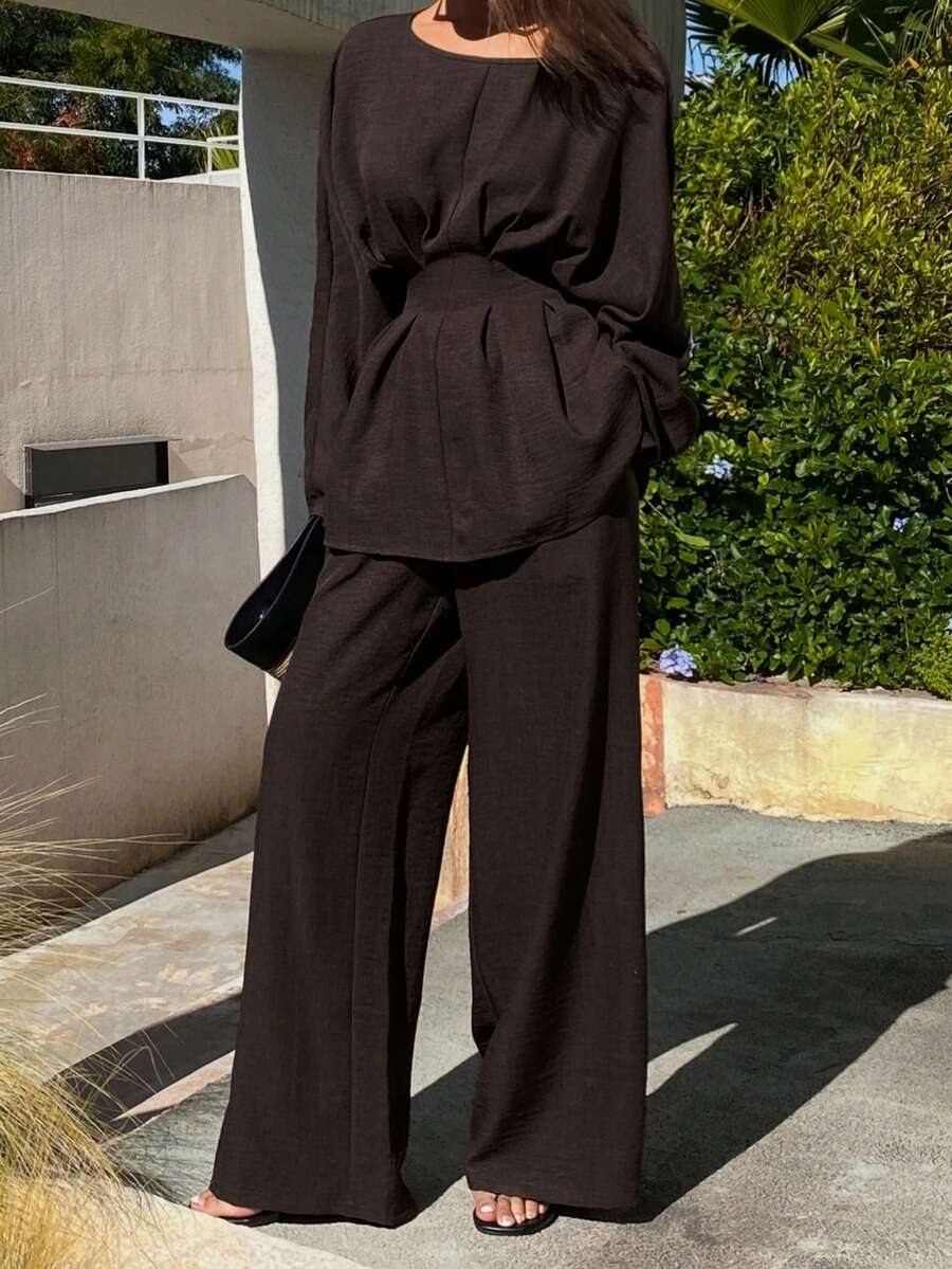 Livesso 优雅女士两件套，宽松商务休闲时尚街头风荷叶边褶皱腰身办公室穿着套头衫和直筒裤，适合秋冬季节穿着。 - 棕色 - 查看 1