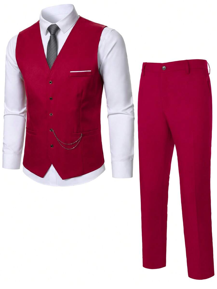 Manfinity Mode Bộ vest nam thiết yếu, trang phục thường ngày thoải mái, kiểu Anh gồm áo gile và quần tây đồng bộ, bộ vest nam. - Màu Đỏ Sâu - Xem 1