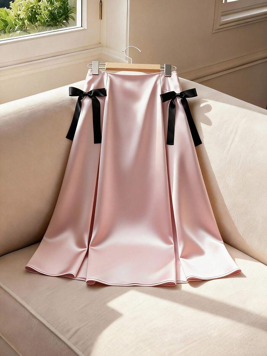 GlowEve CURVE Váy chữ A màu hồng lãng mạn, vải satin bóng cỡ lớn, thắt nơ ruy băng đen, cạp chun, dài đến giữa bắp chân dành cho nữ - Hồng - Xem 1