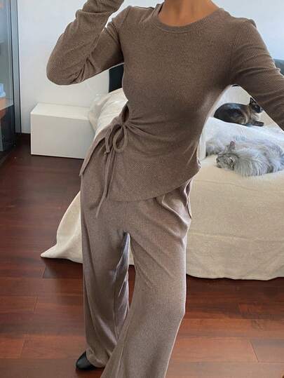 Livesso 2pcs Women Casual Waist Cinched Crew Neck Top And Pants Set, Autumn/Winter