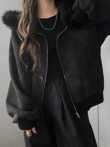 FRIFUL 女士保暖内衬撞色领拉链卫衣 - 深灰色 - 查看 4