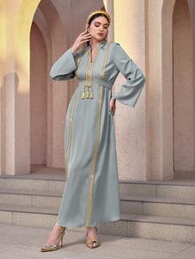 Al Najma Women's V-Neck Ribbon Design Elegant Arabic Dress - Multicolor - View 2