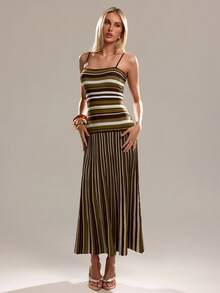 Avantive Women's Striped Casual Fashion Knit Slip Dress Breathable Soft Transitional Casual Beach Vacation Stripe Dress Striped Maxi Dress Brown Summer Dress Breathable Soft Transitional Casual
