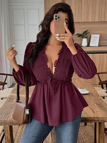 Elouméa 女士深V领花卉刺绣图案腰带设计荷叶边下摆时尚百搭度假长袖衬衫 - 酒紅色 - 查看 4