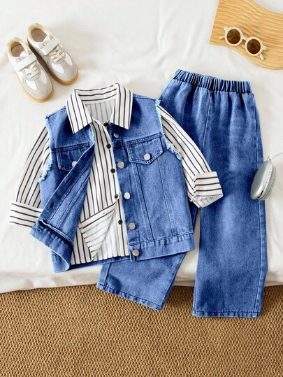 Genkimix Kids Young Boy Single-Breasted Frayed Denim Vest, Striped Shirt And Wide-Leg Casual Denim Pants Set