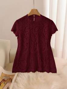 Reflora Plus Size Elegant Lace Patchwork Chiffon Top - Burgundy - View 7