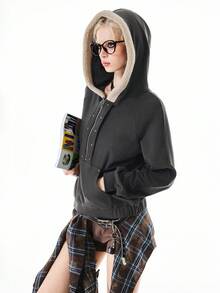 Bloopia 女士Y2K休闲日常通勤时尚哥特风半拉链连帽抓绒卫衣，秋冬款 - 深灰色 - 查看 3