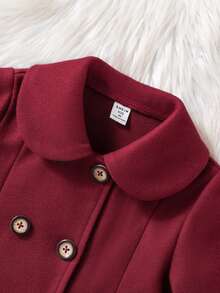 SHEIN Elladie kids 女童黑色双排扣荷叶领大衣 女童外套 女童针织外套 女童彼得潘外套 秋冬女童连衣裙 - 酒紅色 - 查看 6
