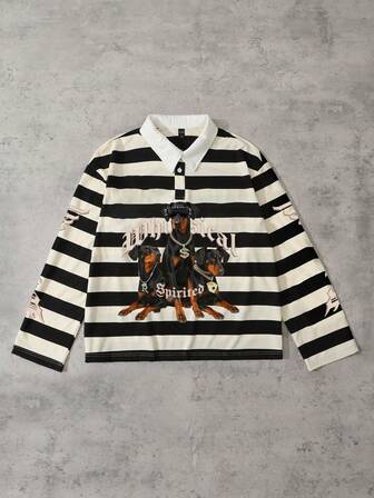 Street Life Chemise polo ample à rayures avec imprimé Doberman pour hommes