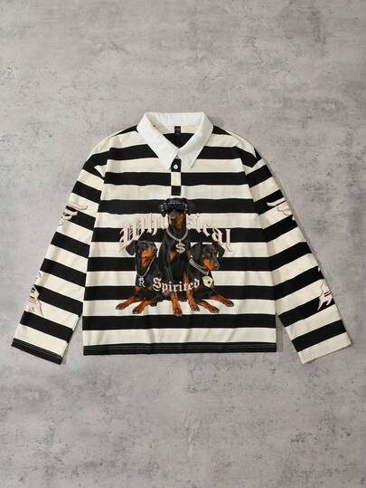 Street Life Polo shirt uomo con stampa Doberman Pinscher e righe, modello ampio
