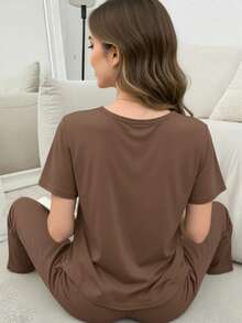 Conjunto de 2 piezas de pantalón y blusa de manga Corta de cuello redondo de unicolor, de punto jacquard, holgado y casual para mujer, ropa de otoño e invierno - Marrón Mocha - Ver 5