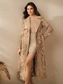 Anewsta High Quality Fashionable New Women's Vintage Elegant Hollow Out Belted Trench Coat - Khaki - View 4