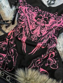 Glimmora Women's Printed V-Neck T-Shirt, Y2K Retro Gothic Style Top, 2000s Streetwear Shirt, Emo Alternative Style Women's Clothing - Multicolor - View 3