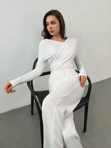 SHEIN Tall 女士优雅简约时尚不对称荷叶边领长袖露脐白色连体衣，适合日常通勤、秋季、夏季以及新年圣诞节等节日穿着，优雅女士衬衫休闲连体衣 - 白色 - 查看 8