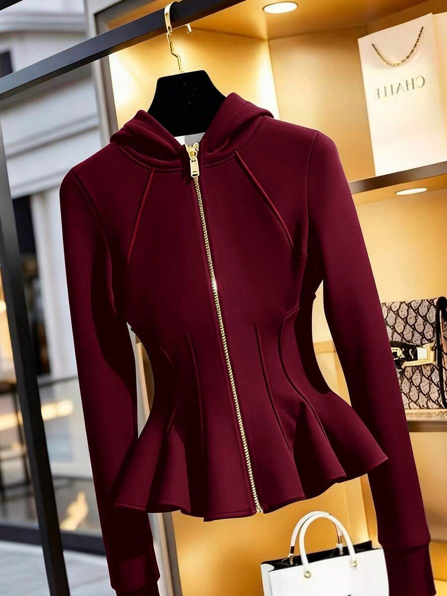 SHEIN Franclia Áo khoác nỉ nữ kiểu dáng thường ngày có khóa kéo và thắt eo, áo peplum mùa thu cho nữ, áo màu đỏ rượu vang cho nữ, áo kiểu thanh lịch cho nữ. - Đỏ - Xem 1