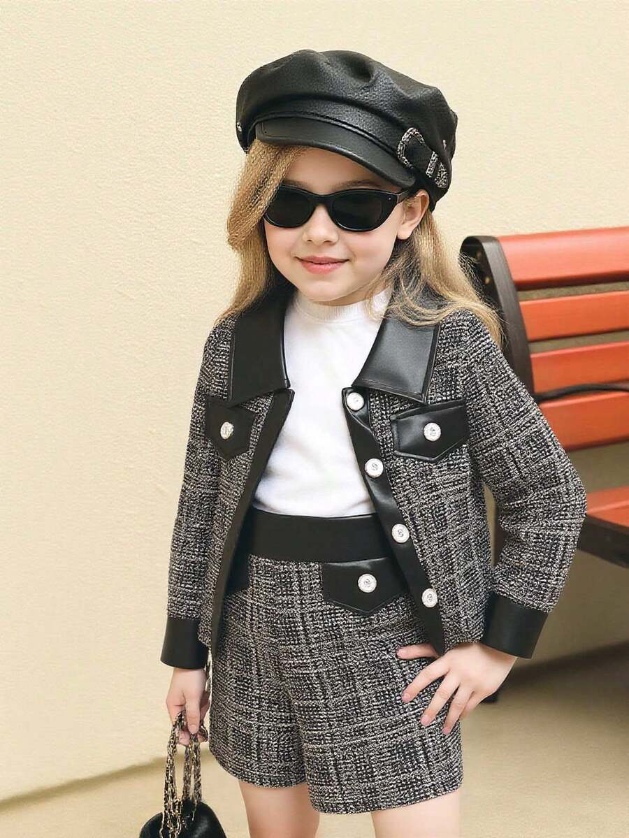 SHEIN Elladie kids 少女粗花呢外套與短褲套裝,黑白長袖西裝外套配假口袋,秋季家庭穿搭可愛女孩兩件式套裝 - 卡其色 - 查看 1