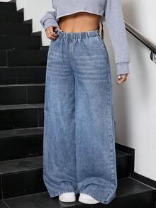 SHEIN Teen GirlLoose Straight Leg Blue Jeans - Medium Wash - View 3