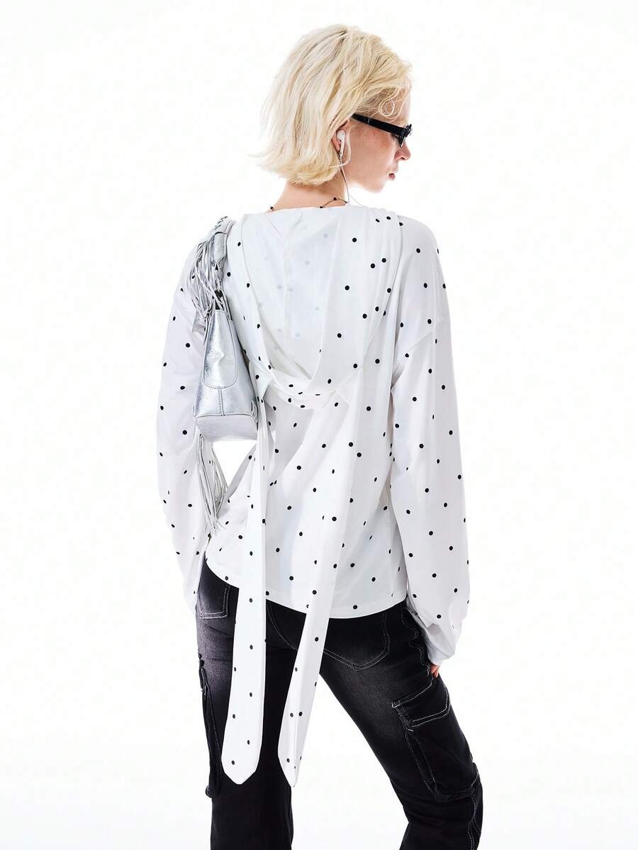 Bloopia 女士波点兔耳连帽长袖T恤 - 白色 - 查看 1