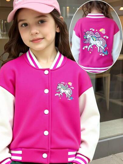 Sparklyn Chaqueta de béisbol con diseño de unicornio lindo para niña, otoño/invierno