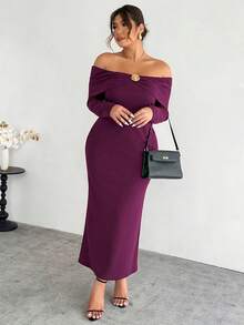 Firerie Abito aderente da donna con spalle scoperte, decorazione e maniche a campana, elegante e sofisticato, in stile romantico, taglie comode - Bordò - Visualizzare 7