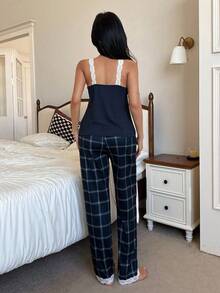 SHEIN 女士撞色蕾丝拼布吊带背心和格子印花长睡裤套装 - 藏蓝色 - 查看 2