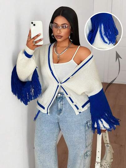 Maweii معطف كارديجان محبوك فضفاض بحجم كبير، بتصميم بلوك اللون الأزرق والأبيض، مع ياقة على شكل حرف V وأكمام طويلة منسدلة وزخرفة شراريب، مناسب للارتداء اليومي والجامعة والخروج والحفلات، موضة شبابية متعددة الاستخدامات، مناسب للربيع والخريف والشتاء