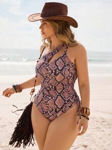 Fembélia New European & American Style Brown Snake Skin Print One-Piece Swimsuit, Shoulder Cutout + Side Drawstring, Perfect For Island Photoshoot Summer Bikinis Summer 2026 Christmas Clothes New Year Clothes Party Clothes Beach Outfit For Women Casual Clothes