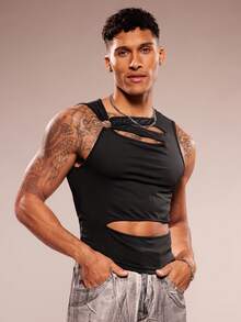 FeverCity Men's Sleeveless Crew Neck Hollow Out Casual Knit Top, Spring/Summer