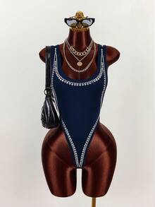 Amplova Sexy Rhinestone Embellished Backless Bodysuit For Women Navy Blue Bodysuit - Navy Blue - View 9