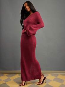 NYA SZN Women's Burgundy Autumn Elegant Dinner Date Knit Matching Set,Loose Oversized V Neck Sweater Top & High Rise Fitted Skirt Outfits,Rib Knit Loungewear - Red - View 5