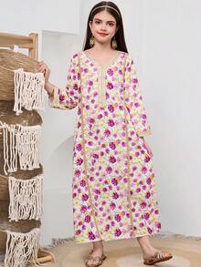 SHEIN 少女优雅碎花编织连衣裙 - 淡紫色 - 查看 5