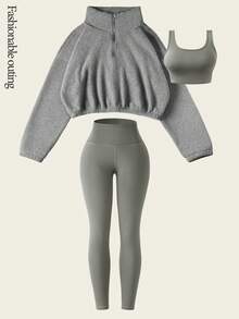 Eassivo Eassivo 3pcs Women Casual Velvet Sports Set, Padded Vest, Leggings & For Workout, Outdoor, Workout Women Setwomen Workout Set Gym Women Outfit - Grey - View 2