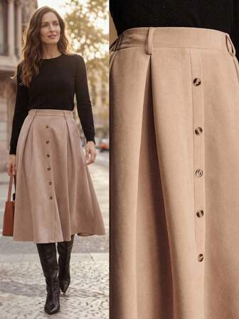 Écloséra Nueva falda midi en línea A de color marrón, elegante y estilizadora para mujeres