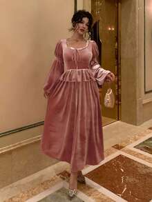 DAZY Robe mi-longue élégante pour femmes avec manches bouffantes, doublure thermique et patchwork de sequins avec lien, pour l'automne/hiver - Rose bonbon - Voir 4