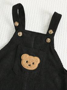 SHEIN 2件套可爱小熊条纹可调节肩带连体衣套装，男女宝宝通用，春夏款 - 黑色 - 查看 8