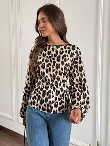 SHEIN Frenchy 女士时尚休闲通勤豹纹束腰显瘦系带长袖衬衫，夏季女士，春季女士，休闲女式衬衫，猎豹纹，豹纹上衣 - 彩色 - 查看 3