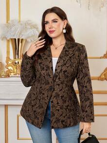 SHEIN Clasi 大码女式花卉提花长袖单扣优雅西装外套，适合办公室穿着，春假工作上衣，优雅棕色西装外套，秋季款 - 棕色 - 查看 4