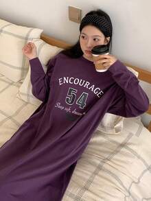 DAZY 英文数字印花宽松长袖睡裙，女士睡衣连衣裙 - 紫色 - 查看 4