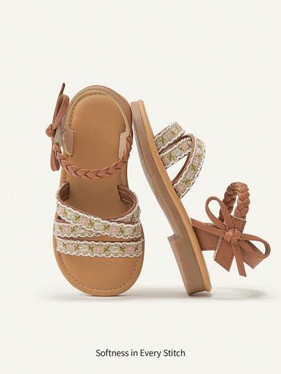 Cozy Pixies 1 Pair Summer Party & Casual Cute Big Bow Embroidered Woven Flat Sandals For Girls